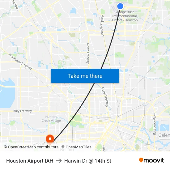 Houston Airport IAH to Harwin Dr @ 14th St map