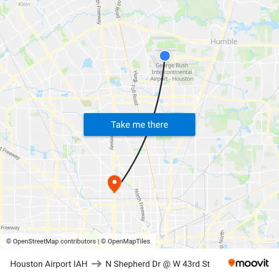 Houston Airport IAH to N Shepherd Dr @ W 43rd St map