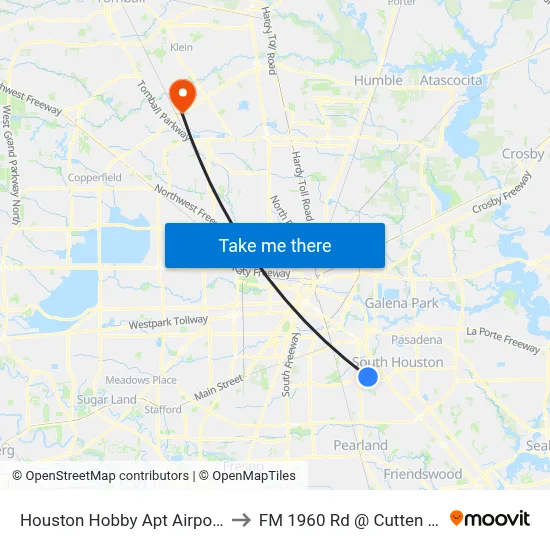 Houston Hobby Apt Airport HOU to FM 1960 Rd @ Cutten Rd MB map
