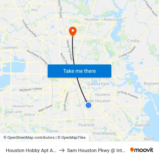 Houston Hobby Apt Airport HOU to Sam Houston Pkwy @ Intercontinental map