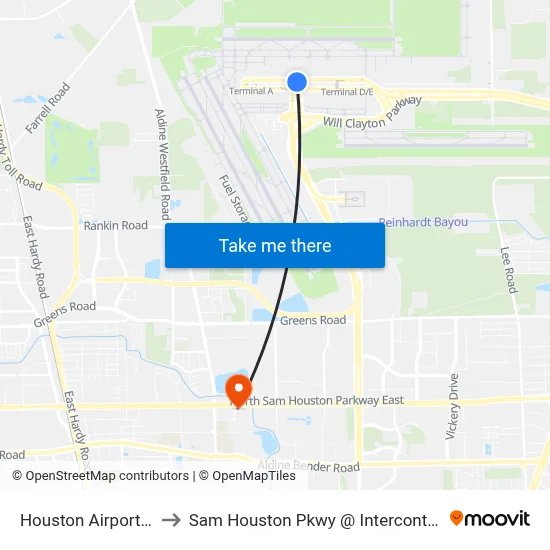 Houston Airport IAH to Sam Houston Pkwy @ Intercontinental map