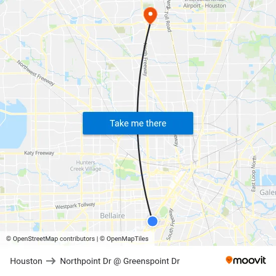 Houston to Northpoint Dr @ Greenspoint Dr map