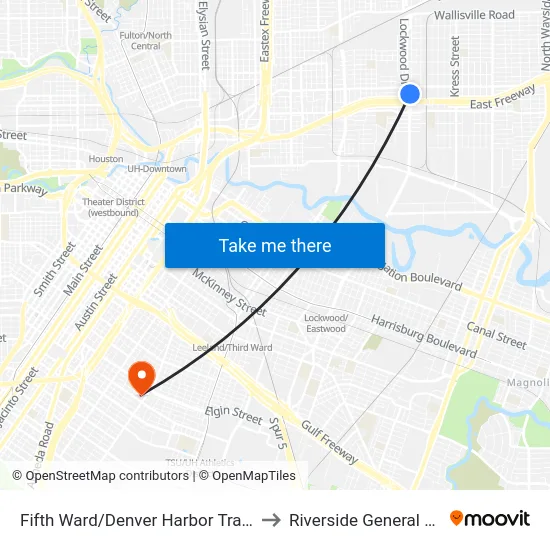 Fifth Ward/Denver Harbor Transit Center to Riverside General Hospital map