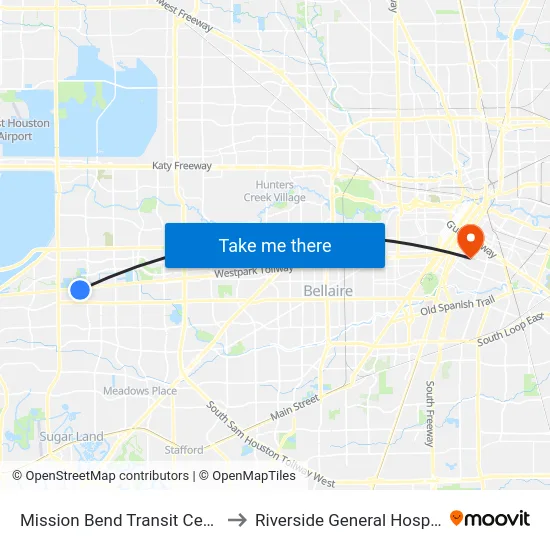 Mission Bend Transit Center to Riverside General Hospital map