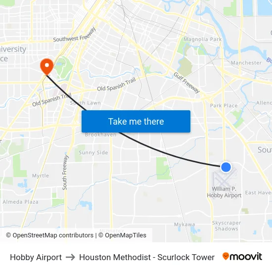 Hobby Airport to Houston Methodist - Scurlock Tower map
