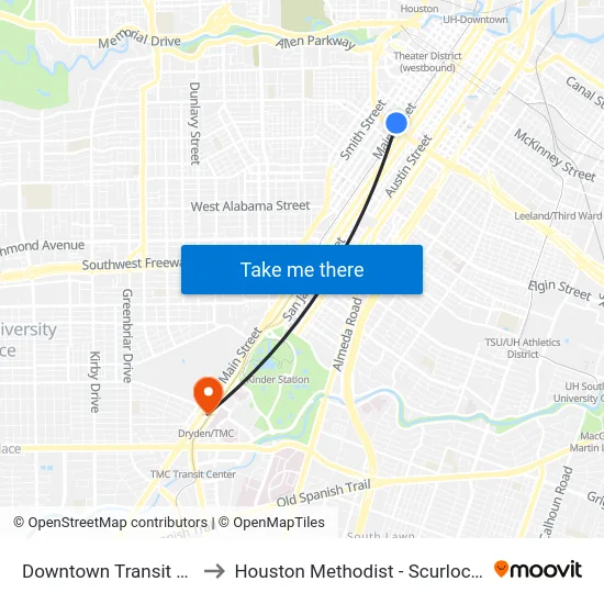 Downtown Transit Center to Houston Methodist - Scurlock Tower map