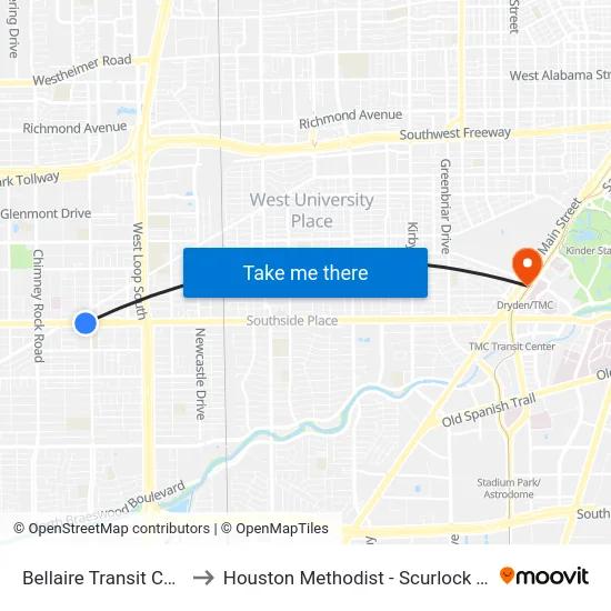 Bellaire Transit Center to Houston Methodist - Scurlock Tower map