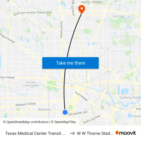 Texas Medical Center Transit Center to W W Thorne Stadium map