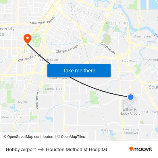 Hobby Airport to Houston Methodist Hospital map