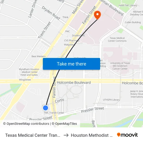 Texas Medical Center Transit Center to Houston Methodist Hospital map