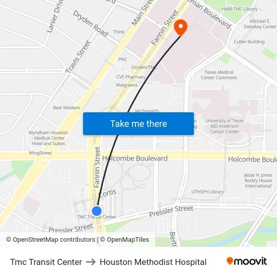 Tmc Transit Center to Houston Methodist Hospital map