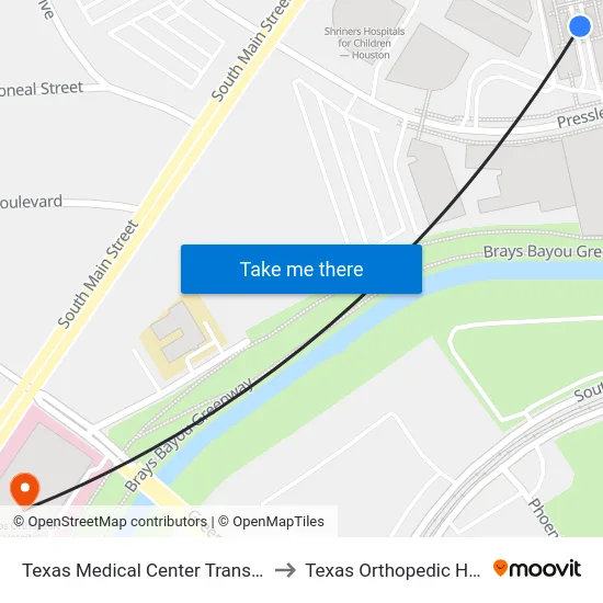 Texas Medical Center Transit Center to Texas Orthopedic Hospital map