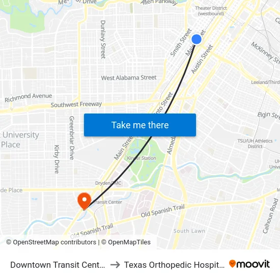 Downtown Transit Center to Texas Orthopedic Hospital map