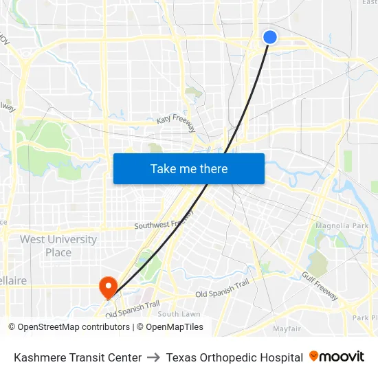 Kashmere Transit Center to Texas Orthopedic Hospital map