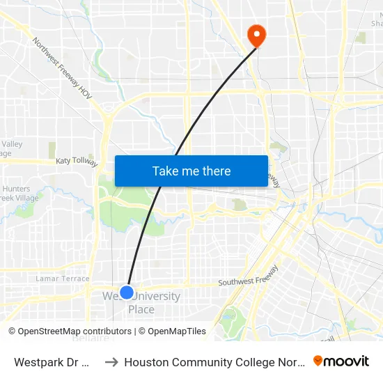 Westpark Dr @ Weslayan St to Houston Community College Northeast - Northline Campus map