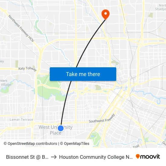 Bissonnet St @ Buffalo Speedway to Houston Community College Northeast - Northline Campus map