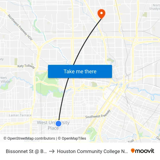 Bissonnet St @ Buffalo Speedway to Houston Community College Northeast - Northline Campus map