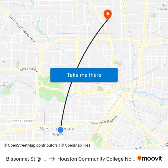 Bissonnet St @ Westchester St to Houston Community College Northeast - Northline Campus map