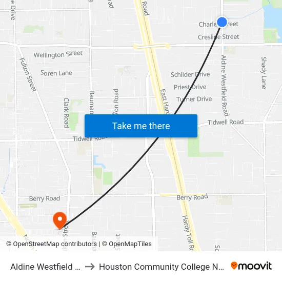 Aldine Westfield Rd @ Charles St to Houston Community College Northeast - Northline Campus map