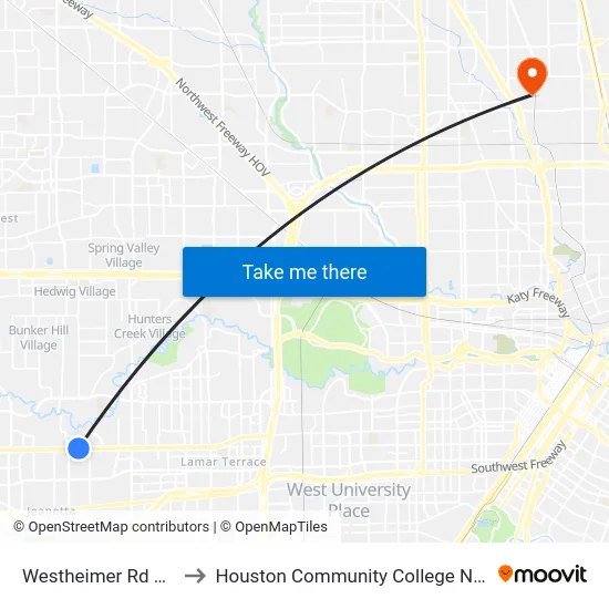 Westheimer Rd @ Lazy Hollow Dr to Houston Community College Northeast - Northline Campus map