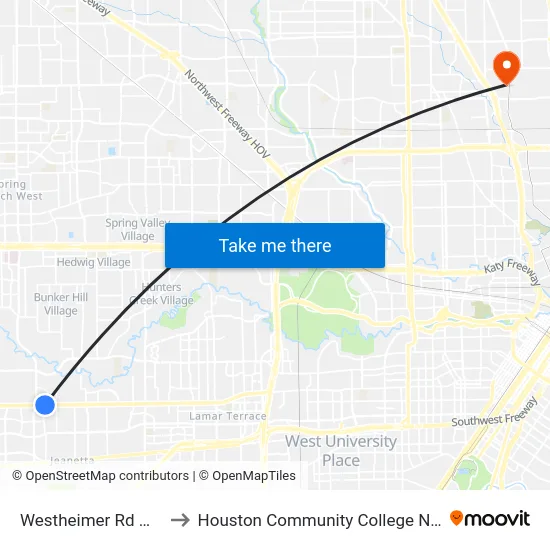 Westheimer Rd @ Tanglewilde Ave to Houston Community College Northeast - Northline Campus map