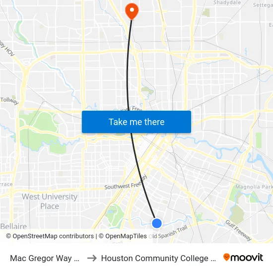 Mac Gregor Way @ Tierwester St MB to Houston Community College Northeast - Northline Campus map