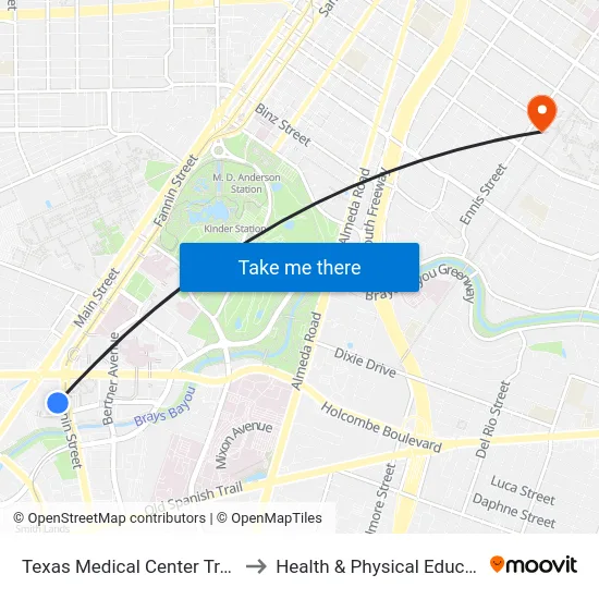 Texas Medical Center Transit Center to Health & Physical Education Arena map