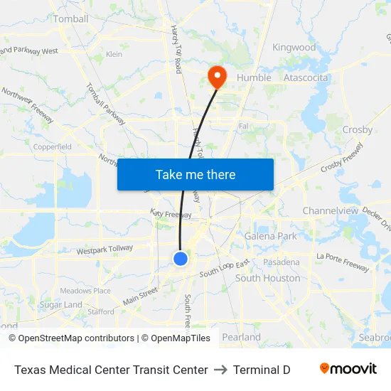 Texas Medical Center Transit Center to Terminal D map
