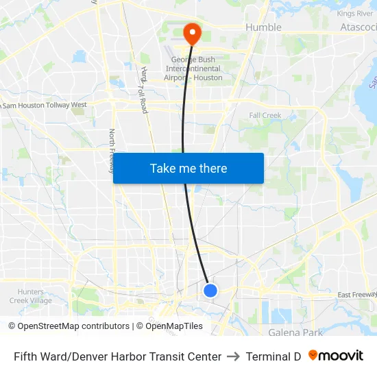 Fifth Ward/Denver Harbor Transit Center to Terminal D map