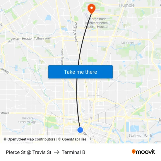 Pierce St @ Travis St to Terminal B map