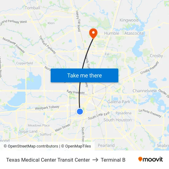 Texas Medical Center Transit Center to Terminal B map