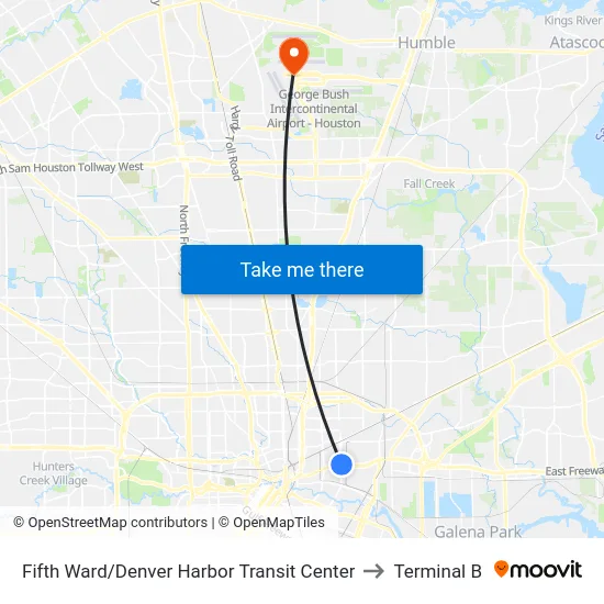 Fifth Ward/Denver Harbor Transit Center to Terminal B map