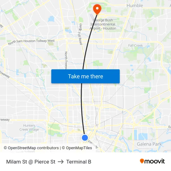 Milam St @ Pierce St to Terminal B map