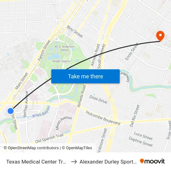 Texas Medical Center Transit Center to Alexander Durley Sports Complex map