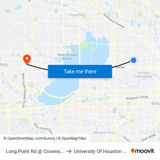 Long Point Rd @ Crownover Rd to University Of Houston at Katy map