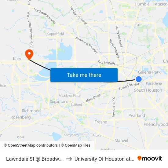 Lawndale St @ Broadway St to University Of Houston at Katy map