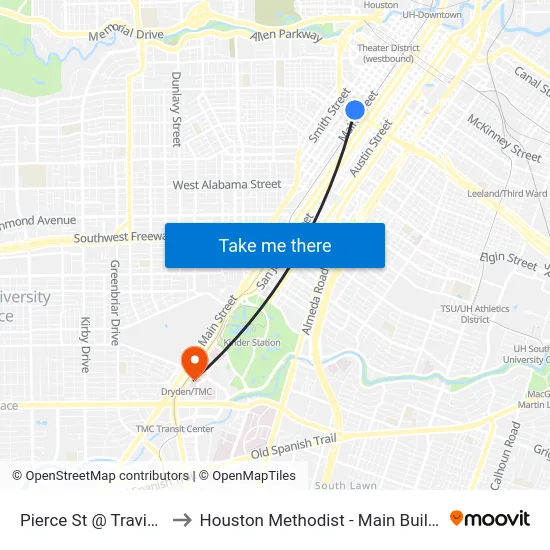 Pierce St @ Travis St to Houston Methodist - Main Building map