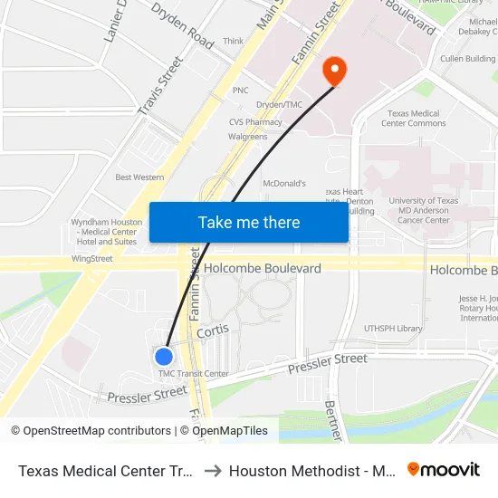 Texas Medical Center Transit Center to Houston Methodist - Main Building map