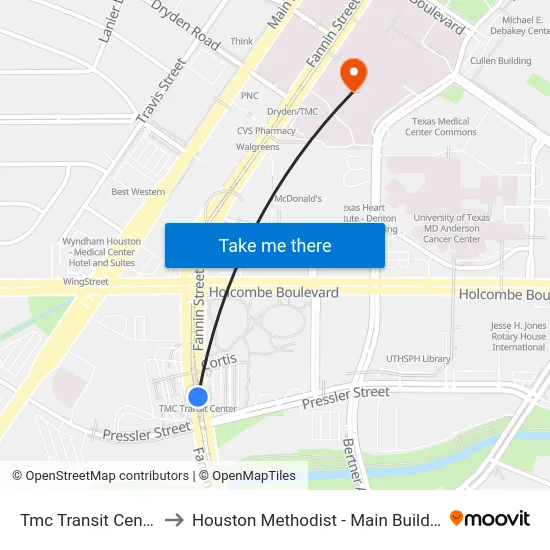 Tmc Transit Center to Houston Methodist - Main Building map