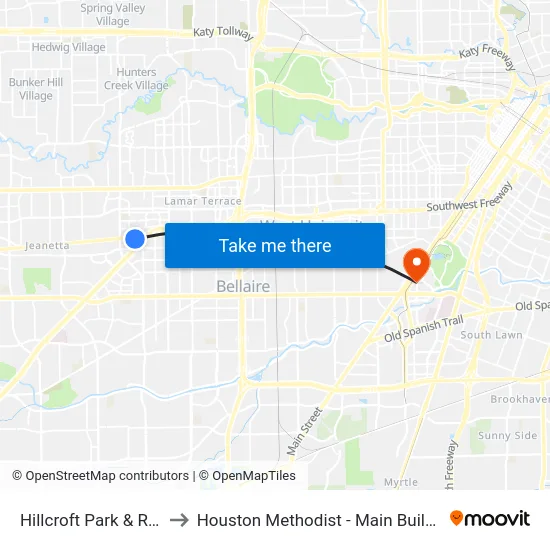 Hillcroft Park & Ride to Houston Methodist - Main Building map