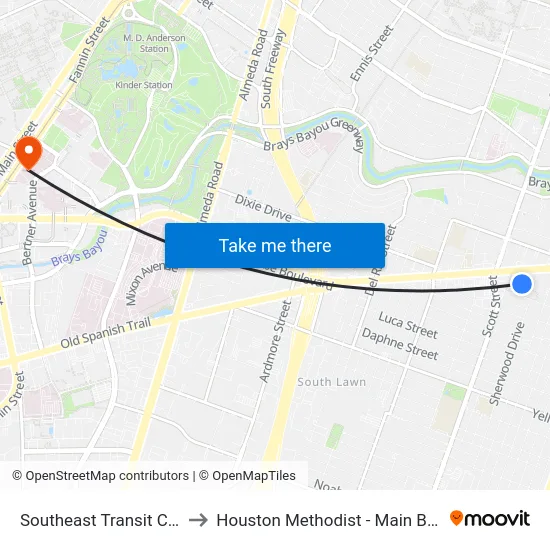 Southeast Transit Center to Houston Methodist - Main Building map