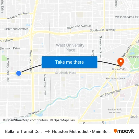 Bellaire Transit Center to Houston Methodist - Main Building map