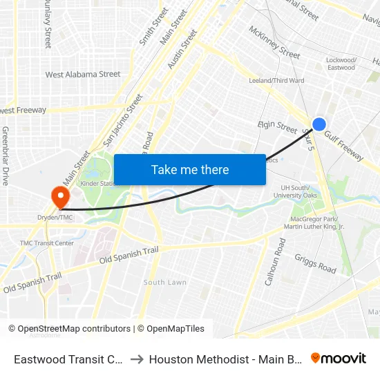 Eastwood Transit Center to Houston Methodist - Main Building map