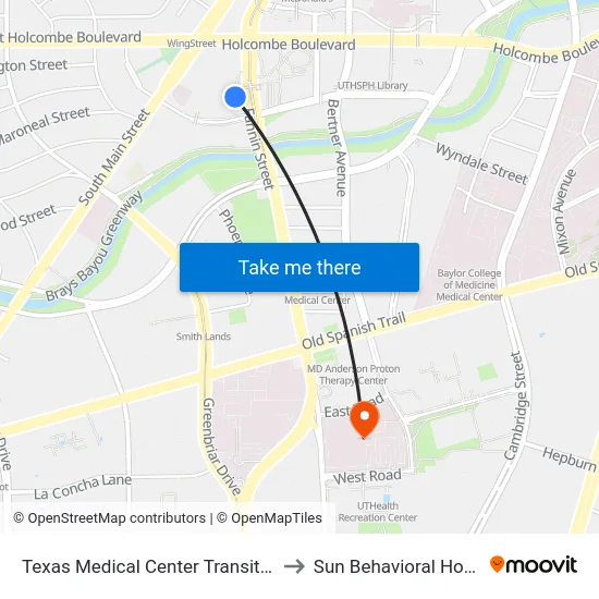 Texas Medical Center Transit Center to Sun Behavioral Houston map