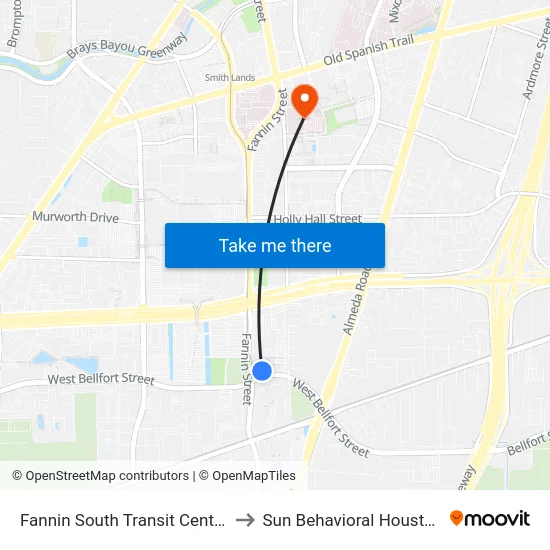 Fannin South Transit Center to Sun Behavioral Houston map