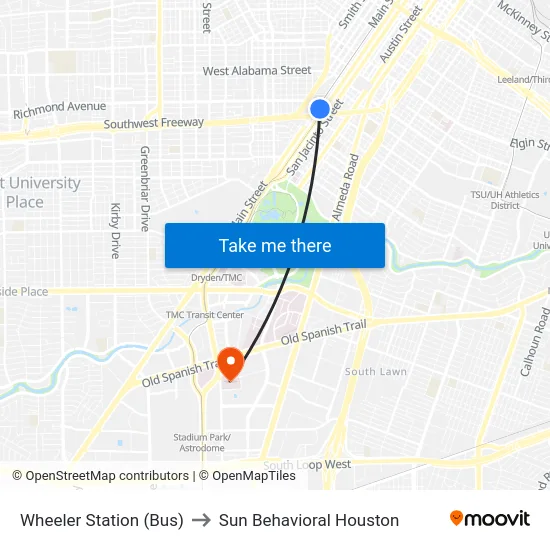 Wheeler Station (Bus) to Sun Behavioral Houston map