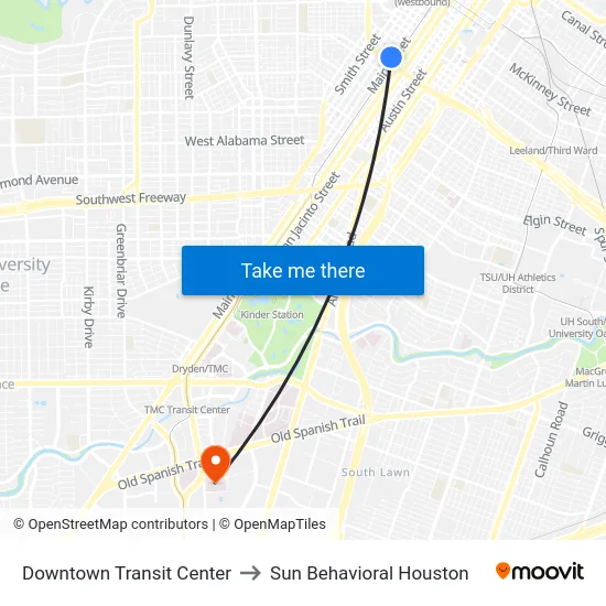 Downtown Transit Center to Sun Behavioral Houston map
