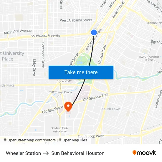 Wheeler Station to Sun Behavioral Houston map