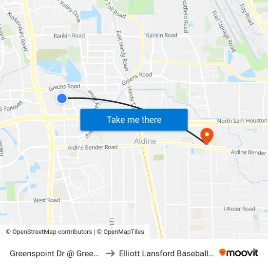 Greenspoint Dr @ Greens Rd to Elliott Lansford Baseball Field map