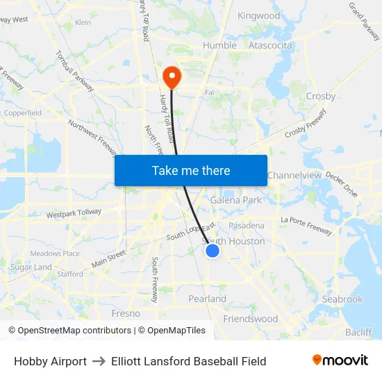Hobby Airport to Elliott Lansford Baseball Field map